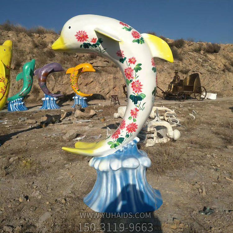 玻璃鋼彩繪海豚，彩色印花海豚雕塑擺件