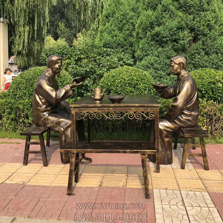 大碗茶，玻璃鋼仿銅民俗生活人物情景雕塑