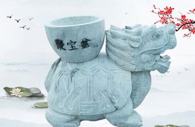 公園里擺放的帶聚寶盆的漢白玉石雕創(chuàng)意龍龜雕塑