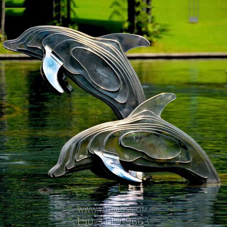 不銹鋼海豚雕塑，池塘水景抽象海豚景觀動物雕塑