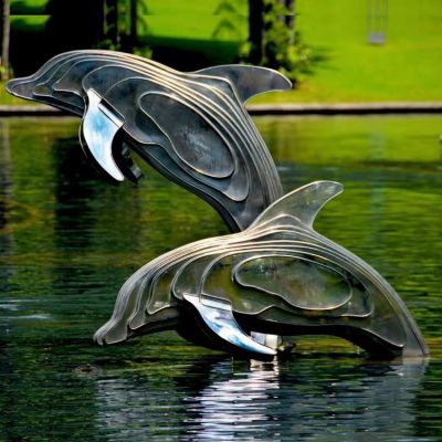 不銹鋼海豚雕塑，池塘水景抽象海豚景觀動物雕塑