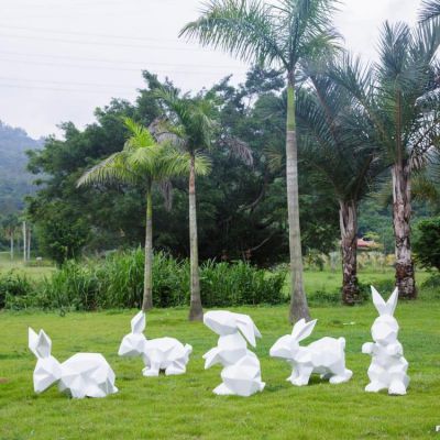 不銹鋼幾何抽象園林景觀(guān)兔子雕塑