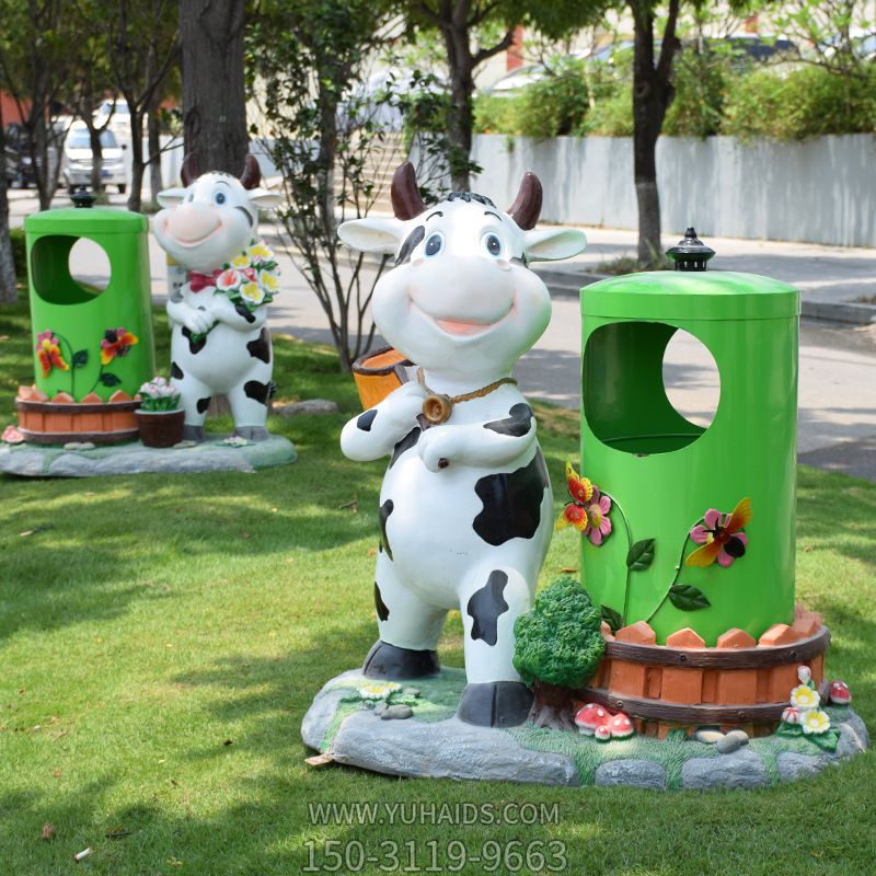 游樂(lè)園幼兒園擺放奶牛卡通垃圾桶玻璃鋼雕塑