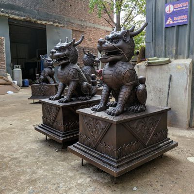 銅麒麟，黃銅鑄造麒麟銅雕一對(duì)