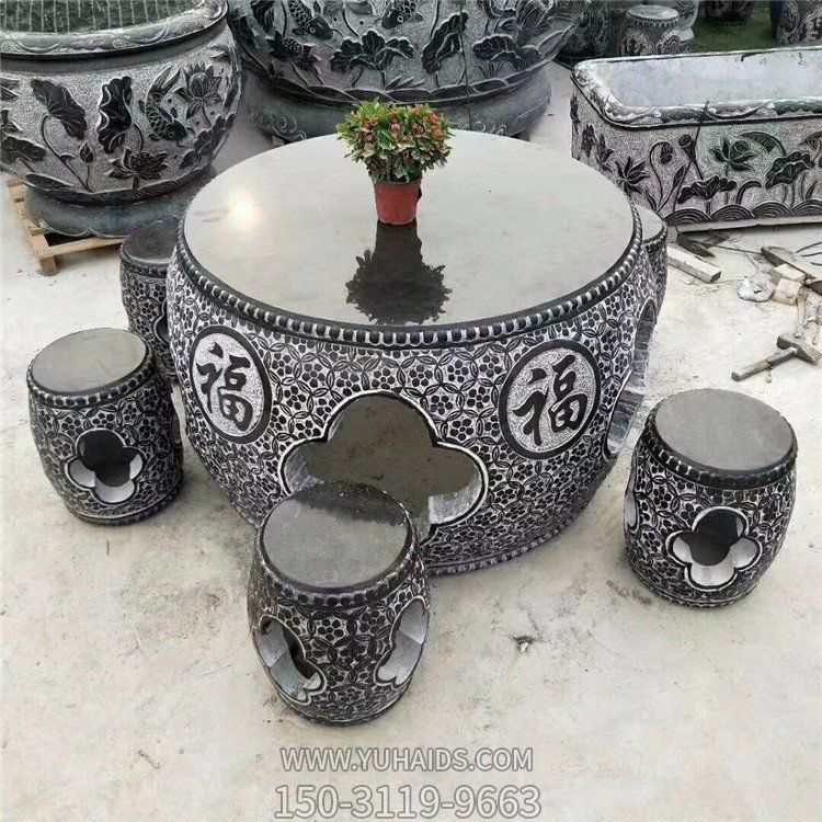 庭院陽臺(tái)擺放大理石浮雕福字圓形鼓石桌石凳雕塑