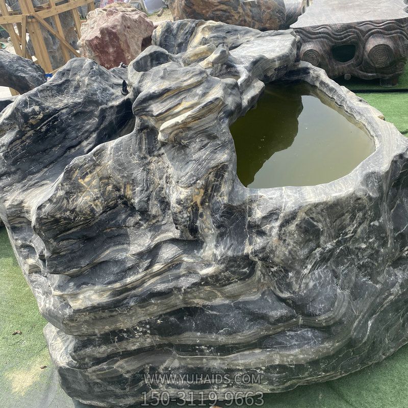 戶外石雕水景魚(yú)缸庭院裝飾擺件魚(yú)池異雕仿古青石魚(yú)缸石槽雕塑
