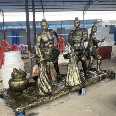 捕魚，玻璃鋼仿銅民俗生活人物情景雕塑