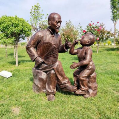 爺爺和孫子，民俗人物情景雕塑