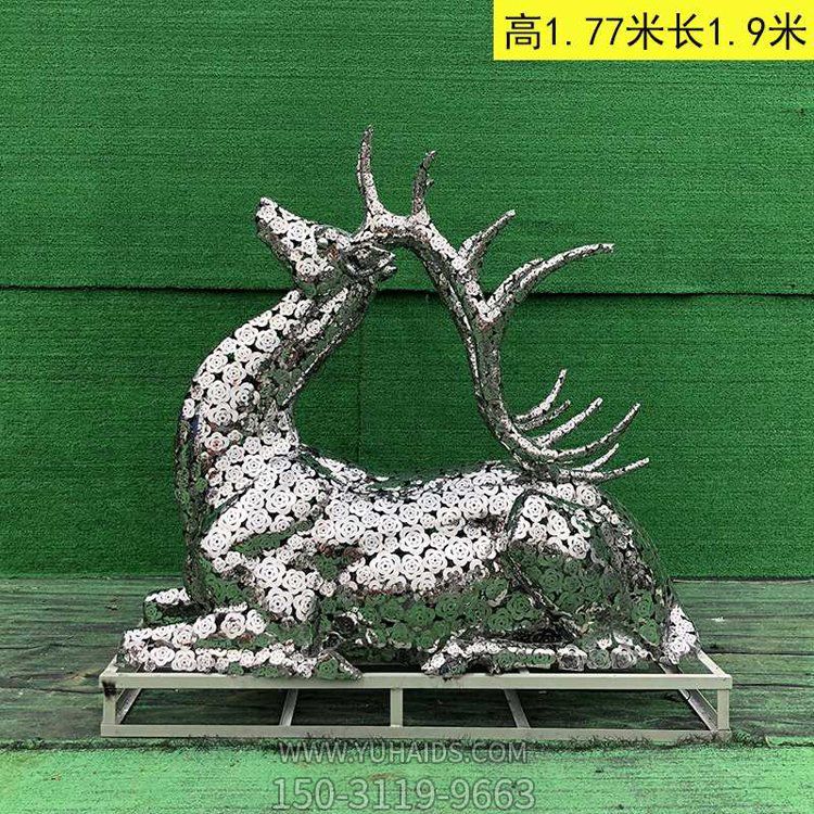 不銹鋼梅花鹿，鏡面鏤花鹿雕塑