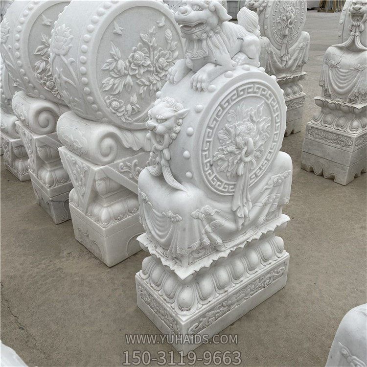 石雕漢白玉鎮(zhèn)宅招財(cái)小獅子門(mén)墩抱鼓石一對(duì) 雕塑