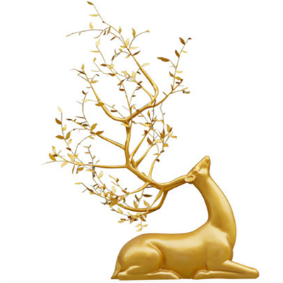 臥姿抬頭梅花鹿，樹葉修飾創(chuàng)意鹿雕塑