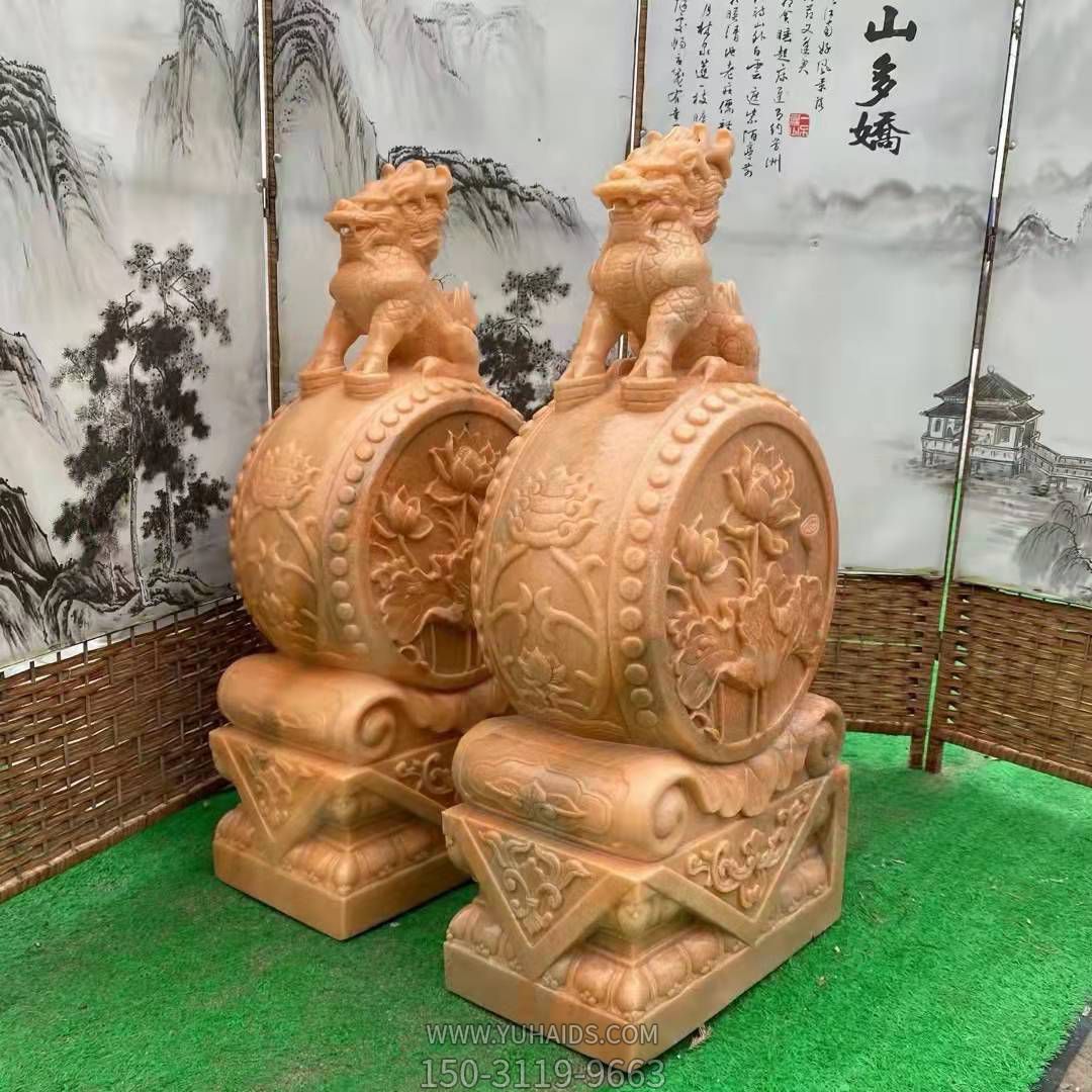 麒麟抱鼓石，晚霞紅荷花門墩雕塑