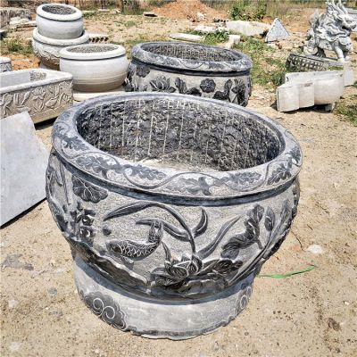 青石魚(yú)缸，鯉魚(yú)荷花刻紋仿古水缸