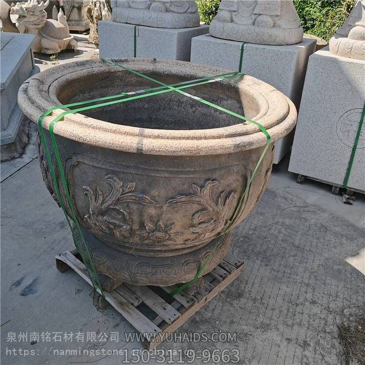 石雕復(fù)古荷花缸 飯店酒店做舊石雕魚(yú)缸裝飾擺件雕塑