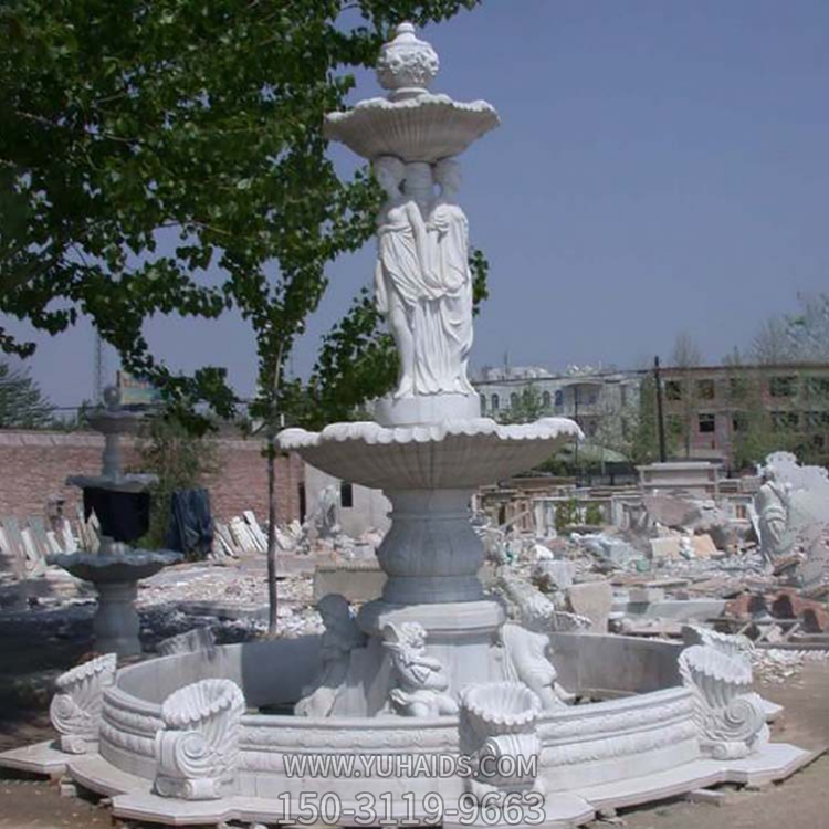 漢白玉石雕噴泉，歐式人物裝飾噴泉流水缽雕塑