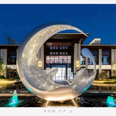 不銹鋼月亮水滴雕塑，透光水景裝飾雕塑