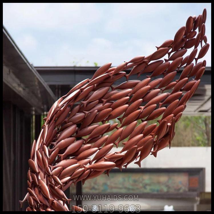 大型不銹鋼鐵藝鏡面地產(chǎn)魚(yú)群校園擺件 水池景觀抽象藝術(shù)景觀雕塑