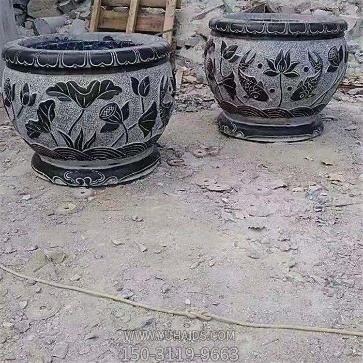 鯉魚，荷花，荷葉紋飾石雕水缸雕塑