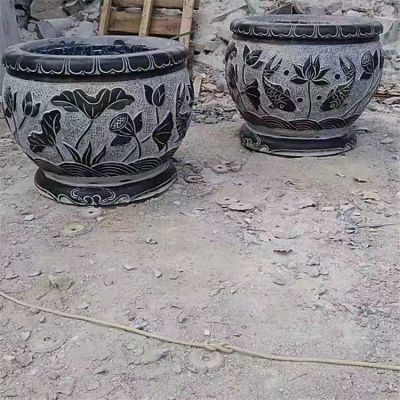 鯉魚，荷花，荷葉紋飾石雕水缸