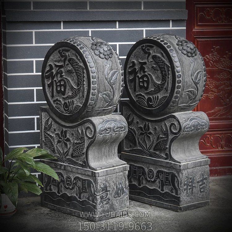 古建門口抱鼓石，黑色大理石雕刻雕塑