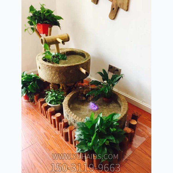 天然雕刻石磨室內(nèi)陽臺(tái)造景流水?dāng)[件雕塑