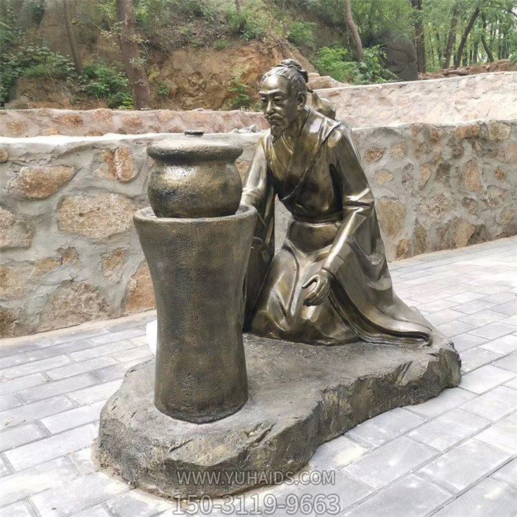 煎藥古代人物，中醫(yī)文化熬制中藥玻璃鋼仿銅情景雕塑