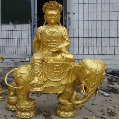 黃銅噴漆佛像景觀，文殊普賢騎大象雕塑