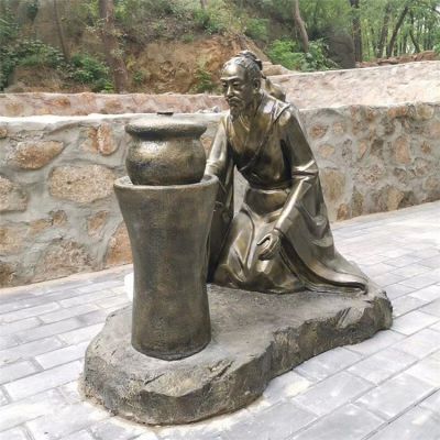 煎藥古代人物，中醫(yī)文化熬制中藥玻璃鋼仿銅情景雕塑
