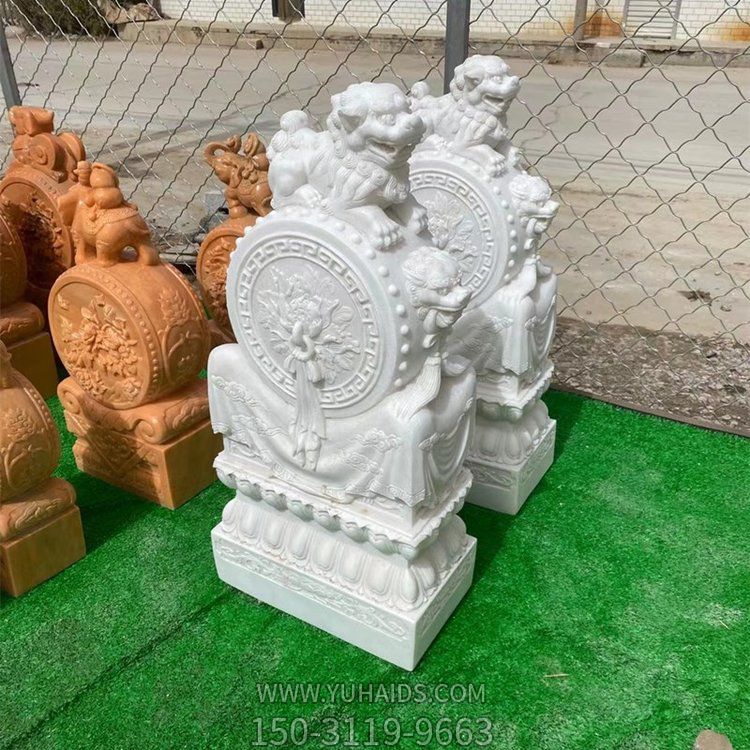 大理石獅子抱鼓石門墩，漢白玉、晚霞紅等石材雕刻雕塑