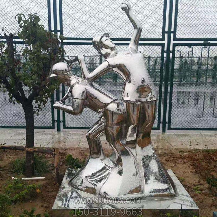 打網(wǎng)球，不銹鋼鏡面抽象體育運(yùn)動(dòng)人物景觀雕塑