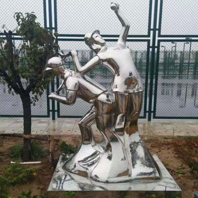 打網球，不銹鋼鏡面抽象體育運動人物景觀雕塑